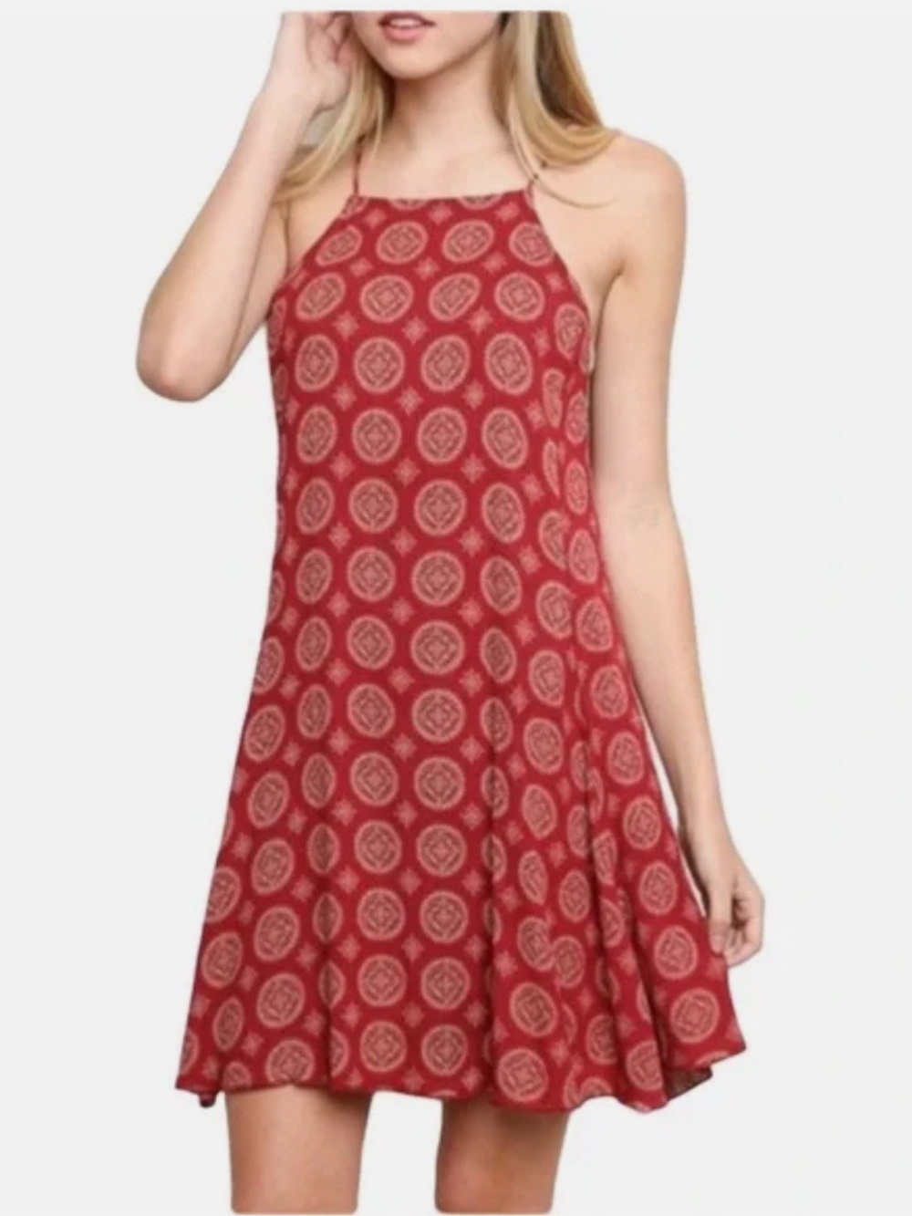 Brandy Melville Burgundy Printed Spaghetti-Strap Mini Dress